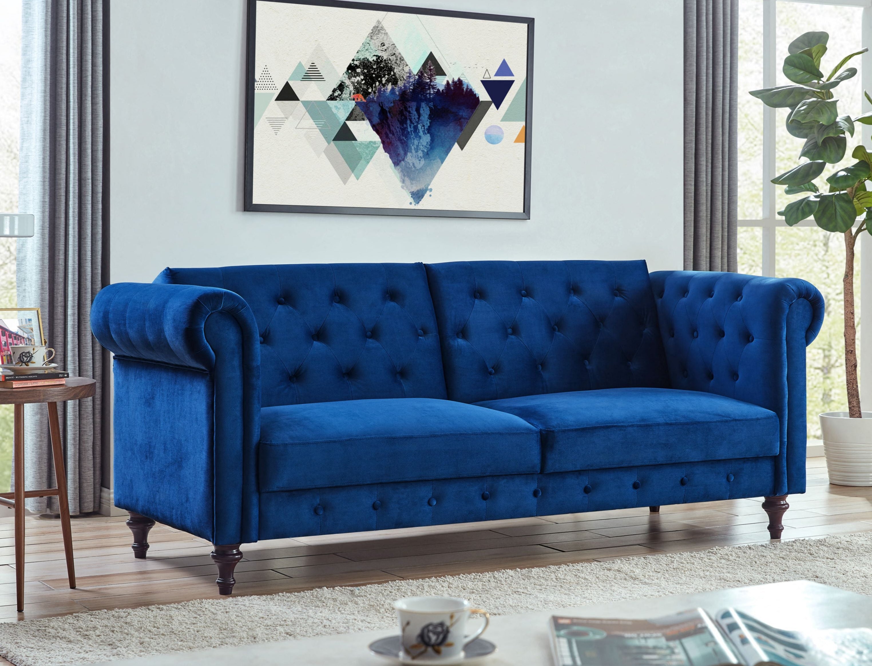Calgary Velvet Sofa Bed Chesterfield Design, Dark Blue Velvet