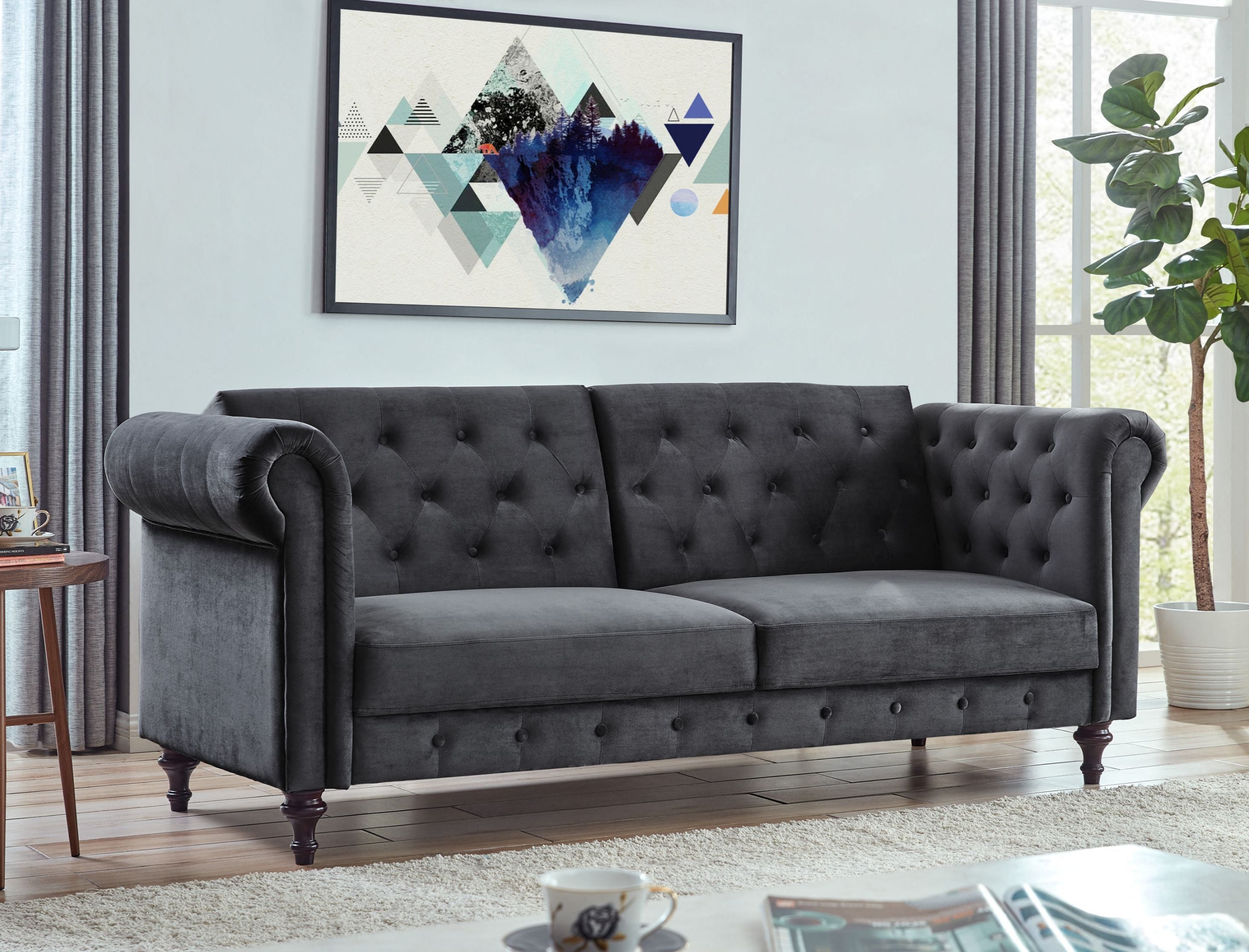 Calgary Velvet Sofa Bed Chesterfield Design, Dark Grey Velvet