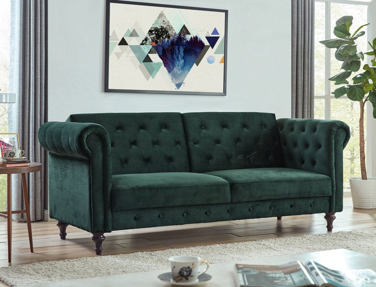 Calgary Velvet Sofa Bed Chesterfield Design, Dark Green Velvet