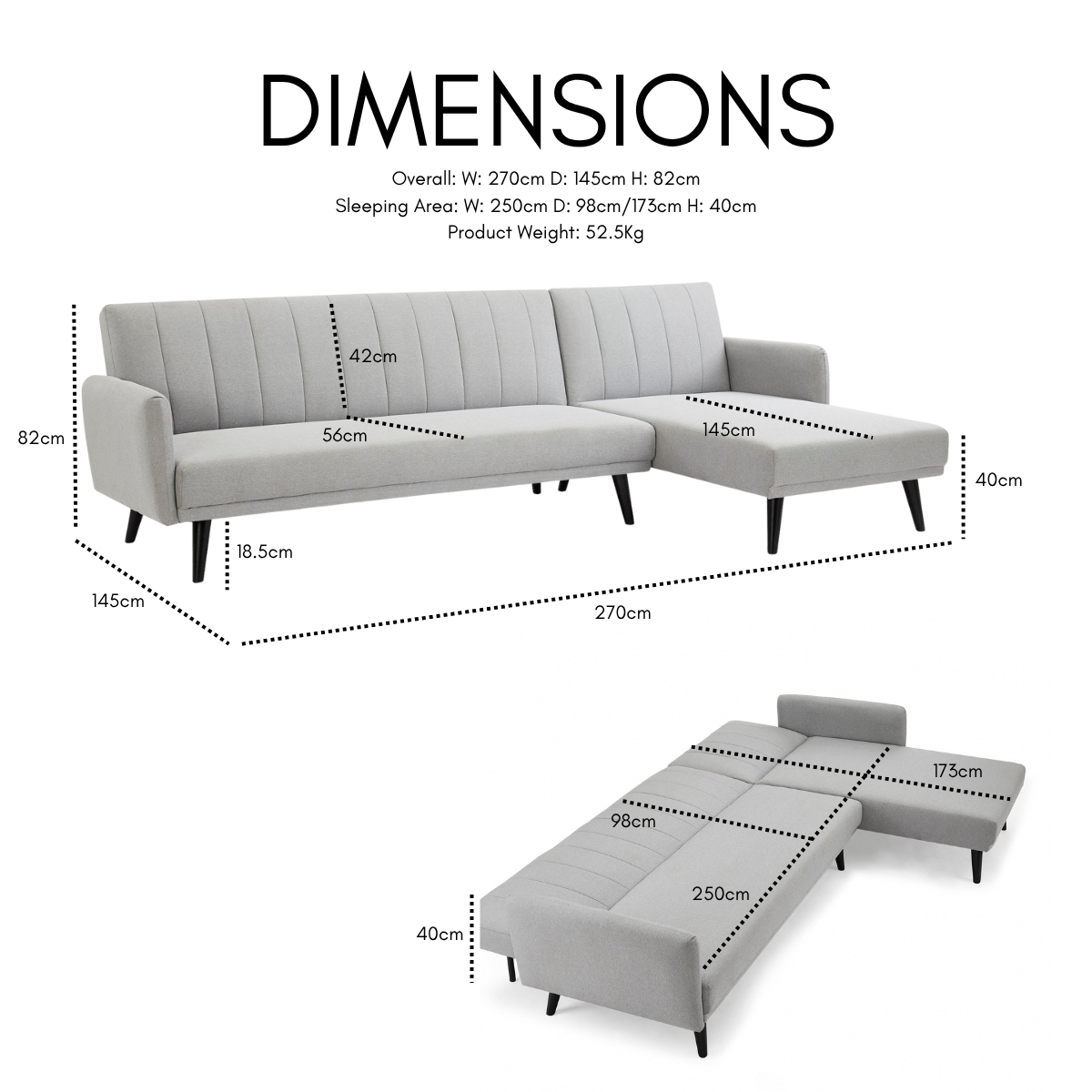 Clinton Fabric Sofa Bed With Chaise, Light Grey Fabric