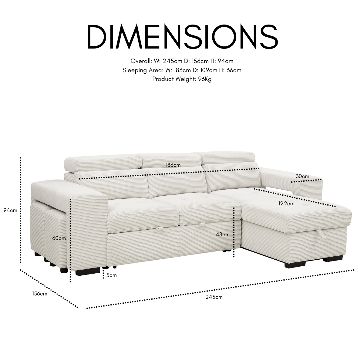 Caitlin Sofa With Chaise, Cream Jumbo Cord