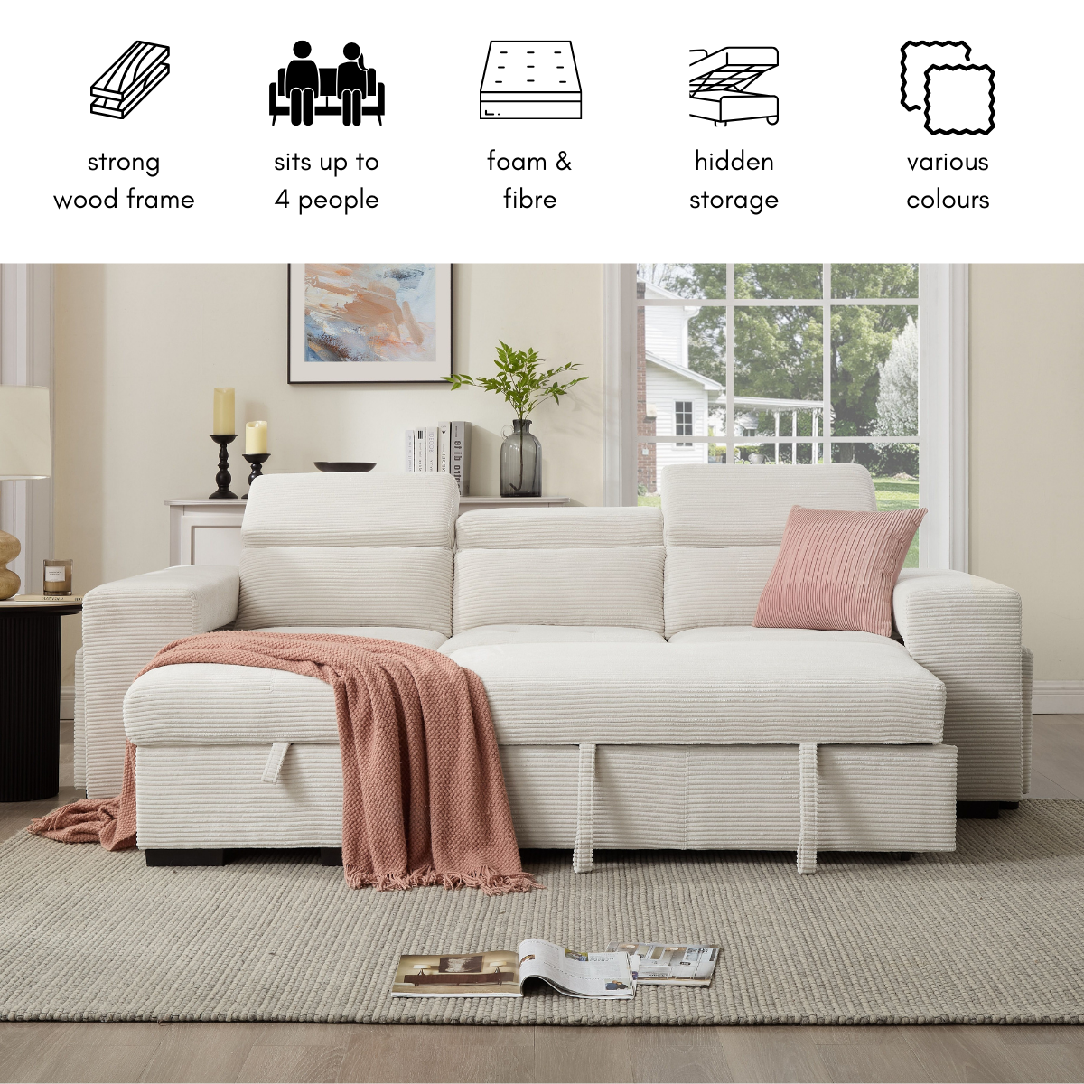 Caitlin Sofa With Chaise, Cream Jumbo Cord