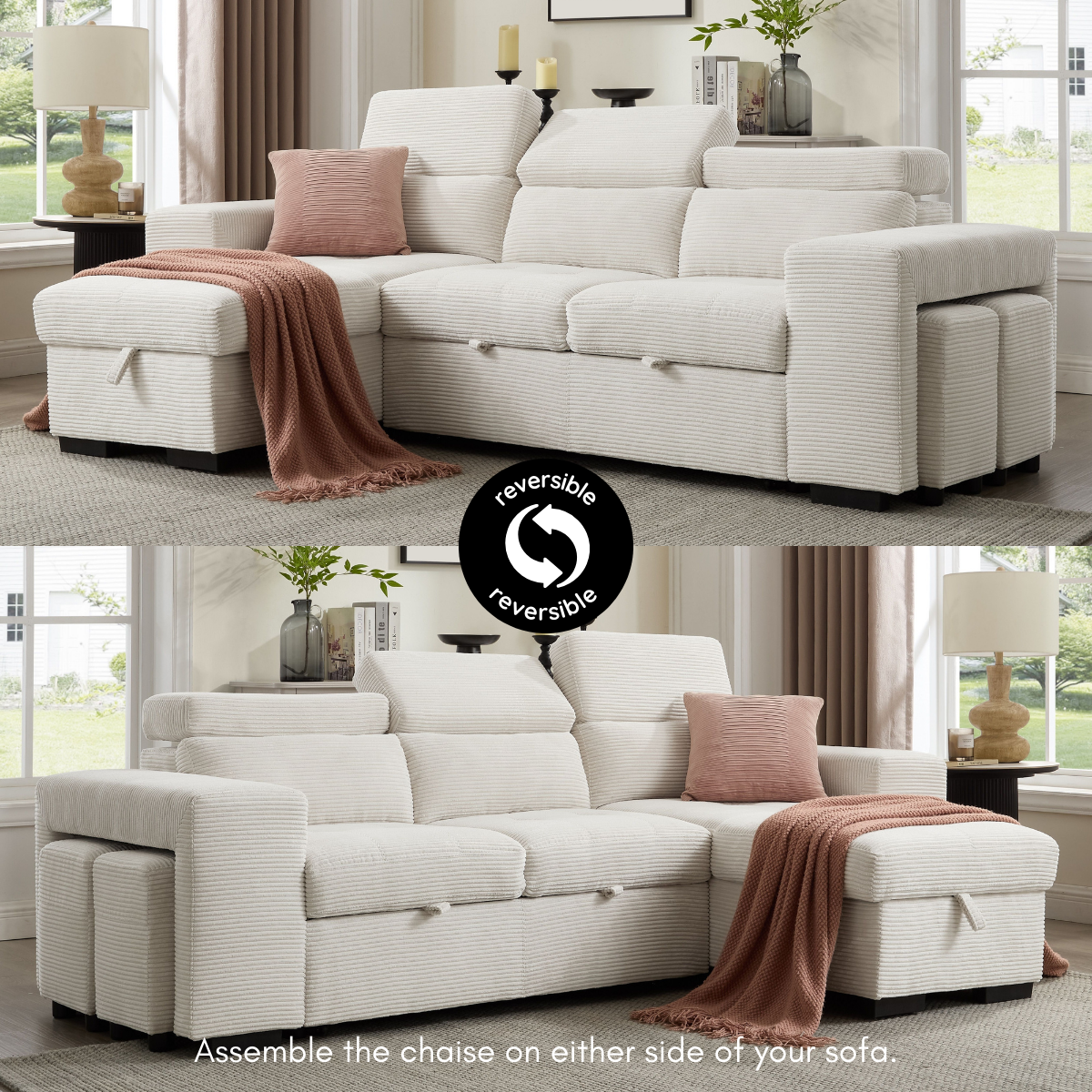 Caitlin Sofa With Chaise, Cream Jumbo Cord