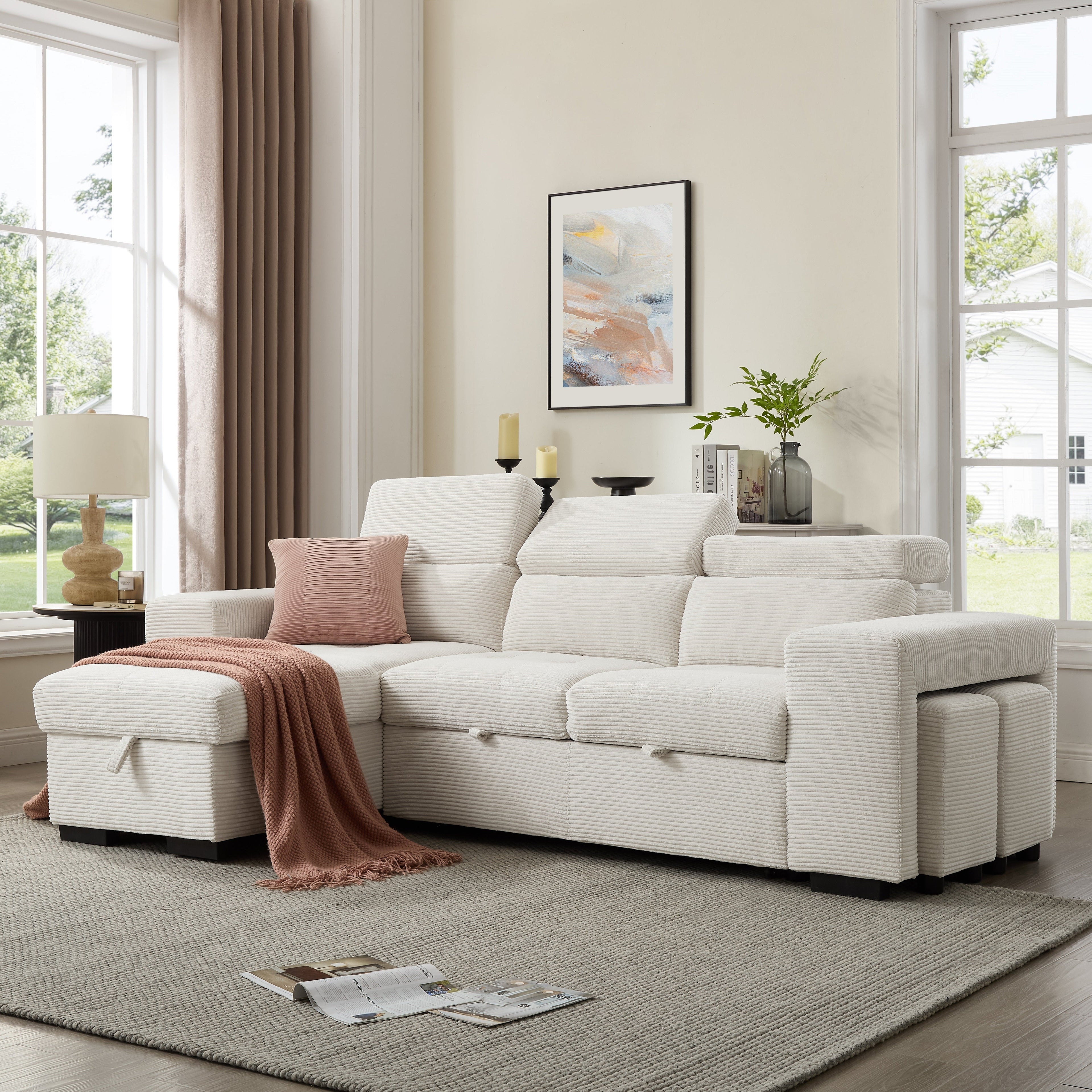 Caitlin Sofa With Chaise, Cream Jumbo Cord