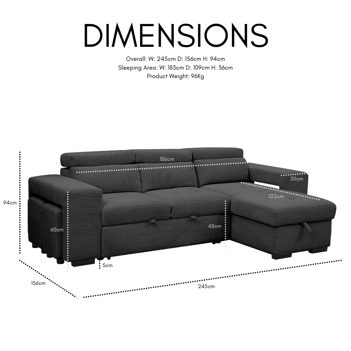 Caitlin Sofa With Chaise, Charcoal Jumbo Cord