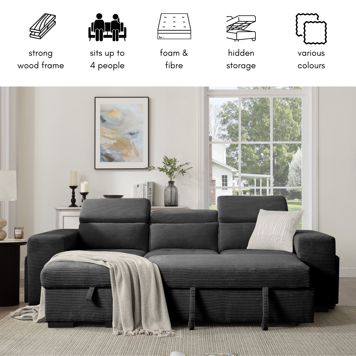 Caitlin Sofa With Chaise, Charcoal Jumbo Cord