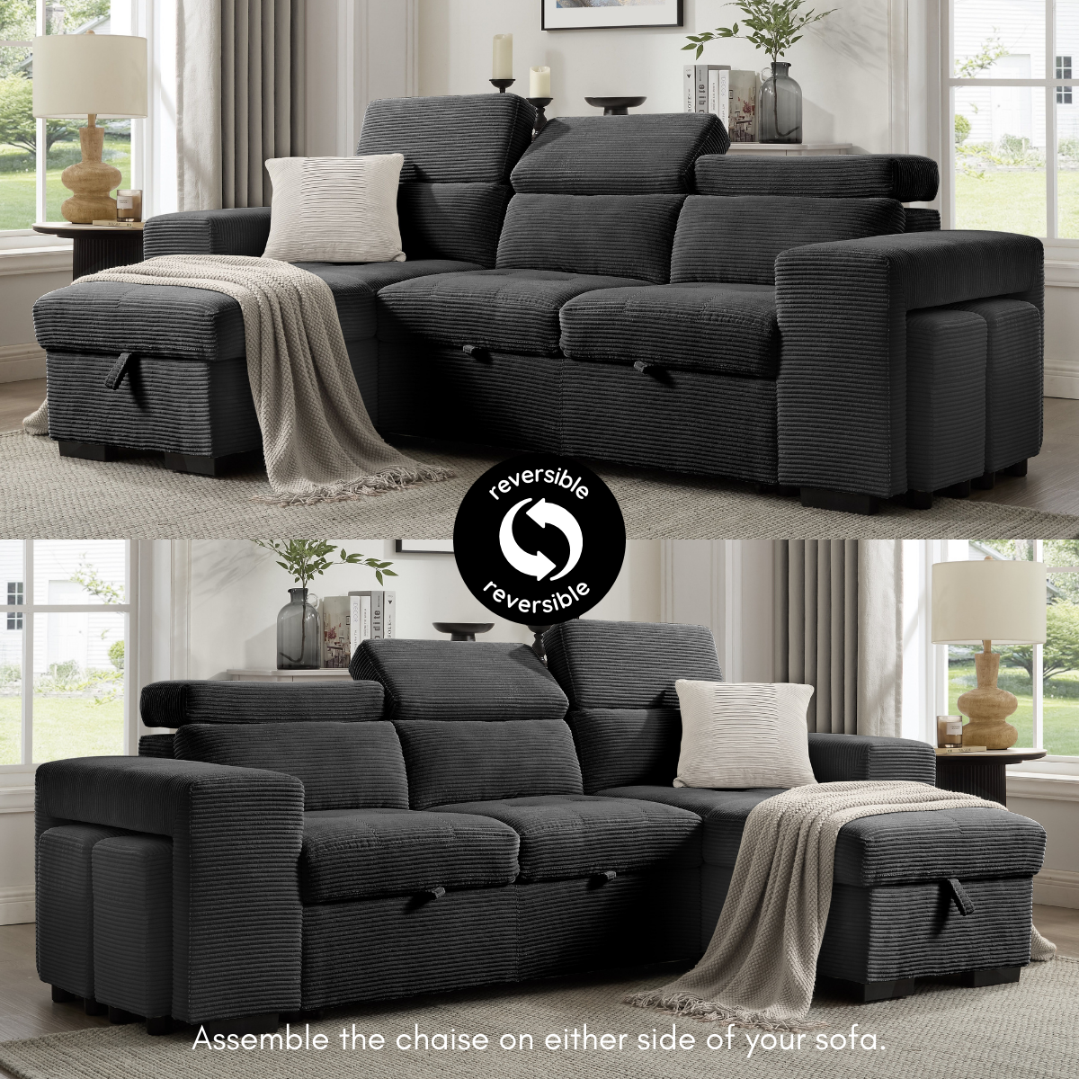 Caitlin Sofa With Chaise, Charcoal Jumbo Cord