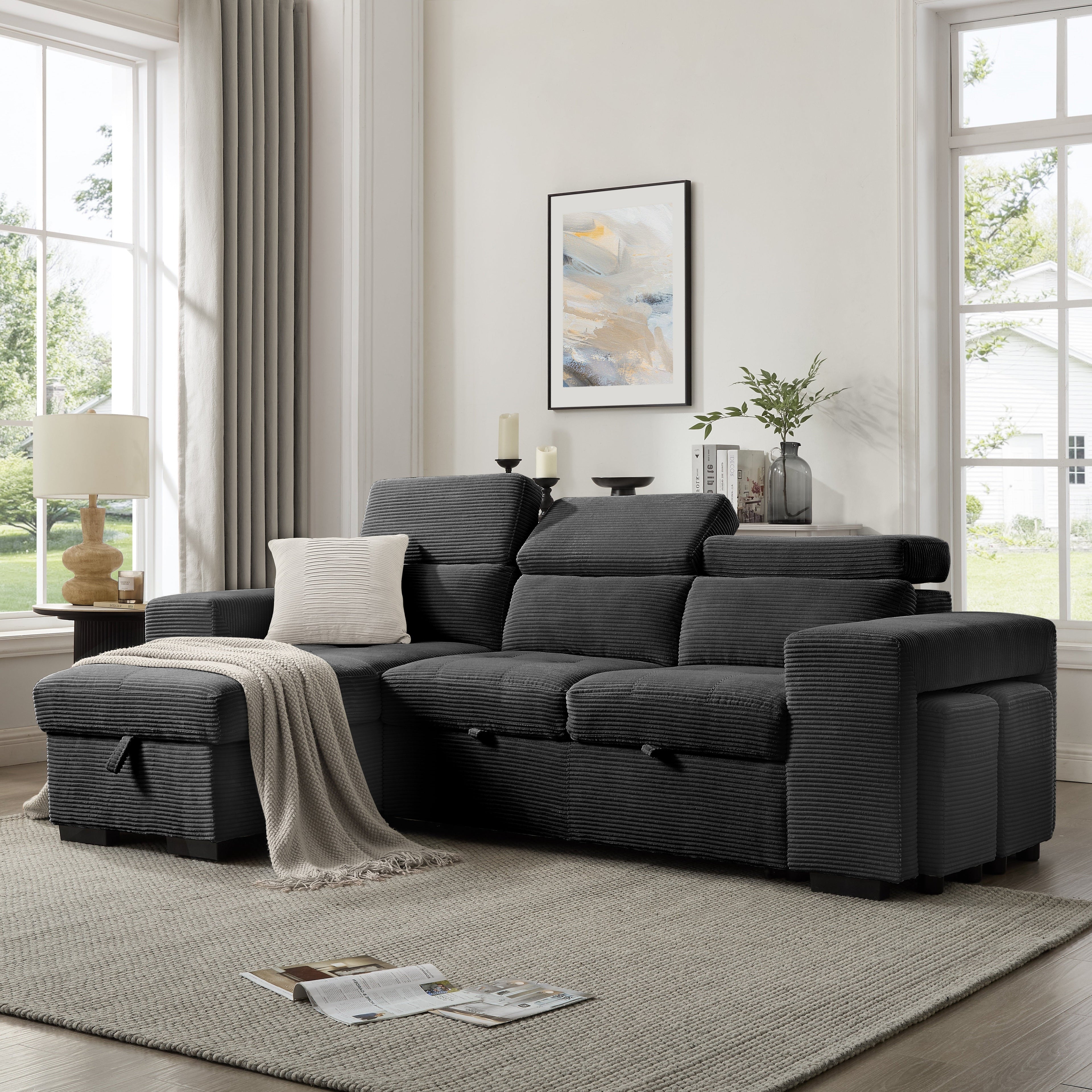 Caitlin Sofa With Chaise, Charcoal Jumbo Cord