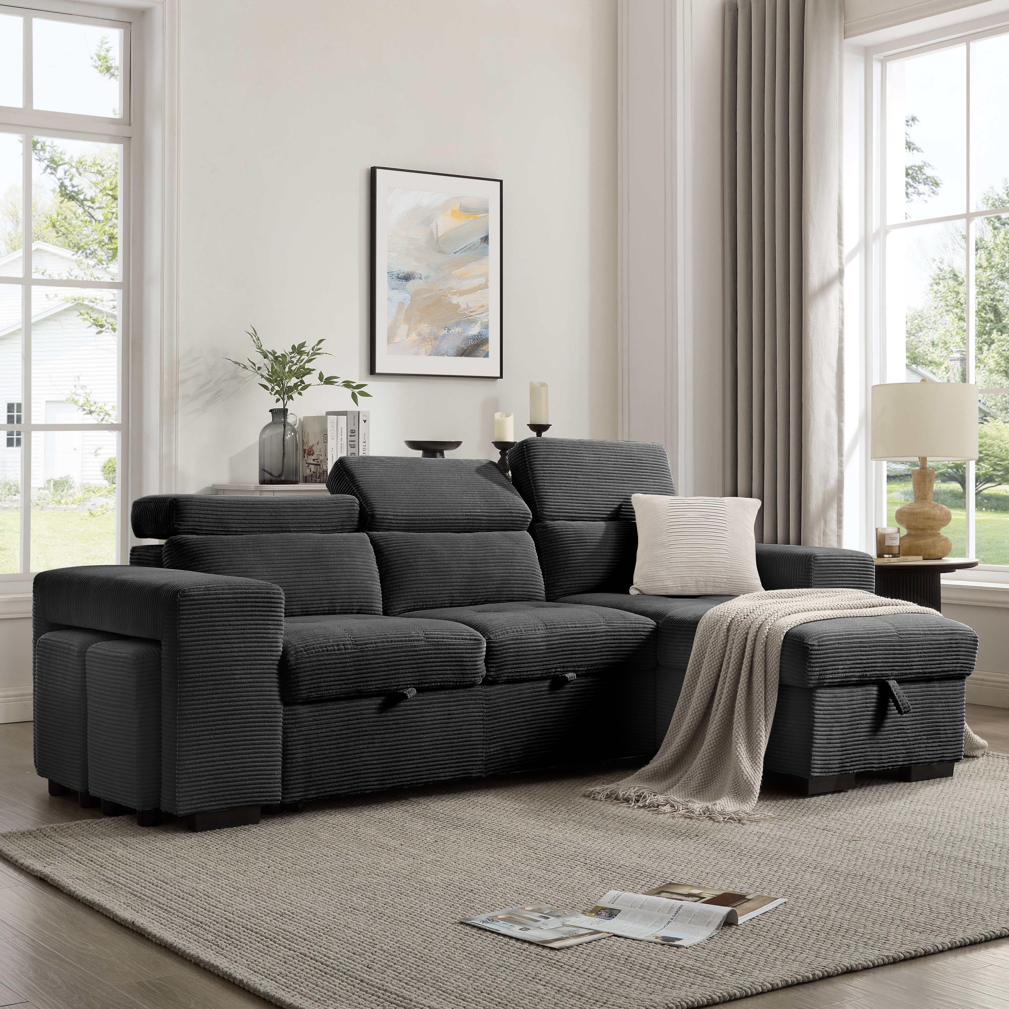 Caitlin Sofa With Chaise, Charcoal Jumbo Cord
