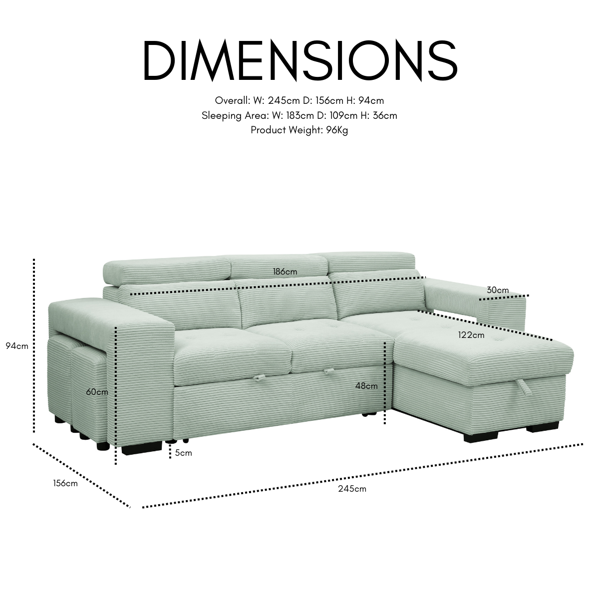 Caitlin Sofa With Chaise, Mint Green Jumbo Cord