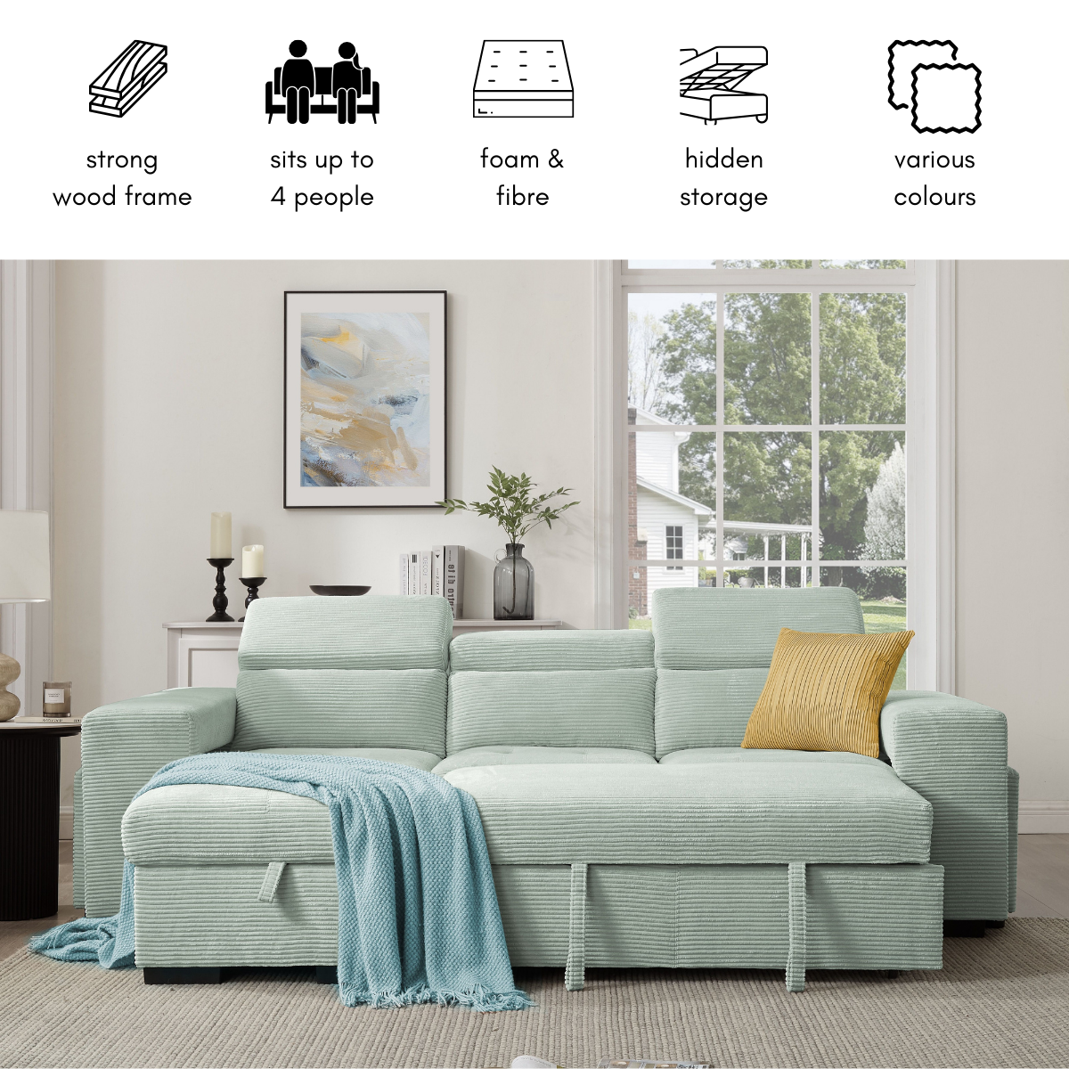 Caitlin Sofa With Chaise, Mint Green Jumbo Cord