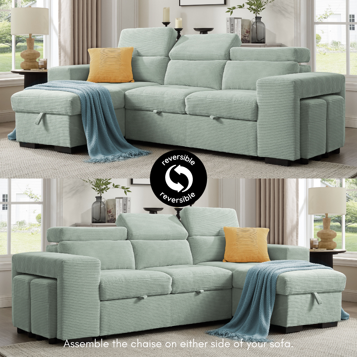 Caitlin Sofa With Chaise, Mint Green Jumbo Cord