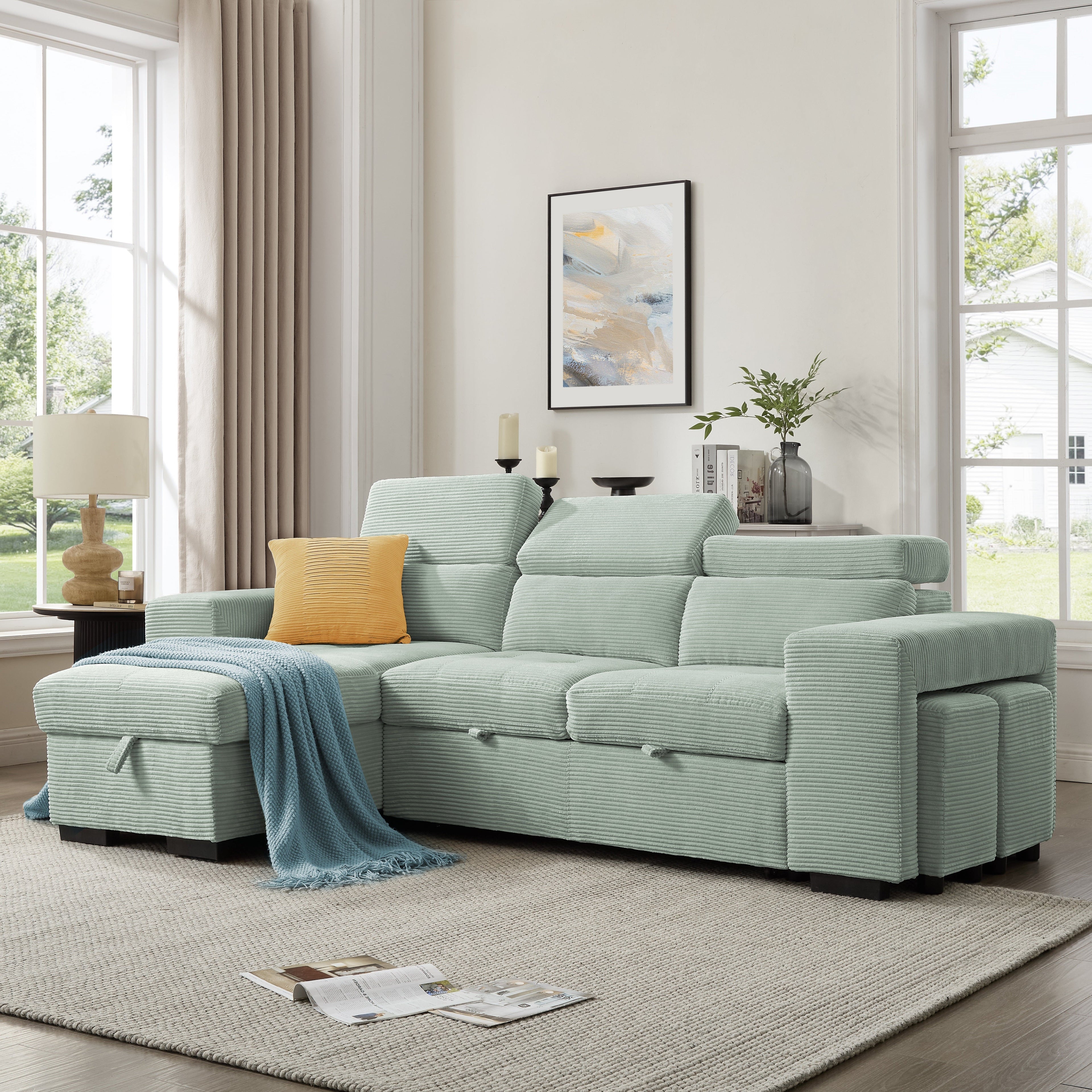 Caitlin Sofa With Chaise, Mint Green Jumbo Cord