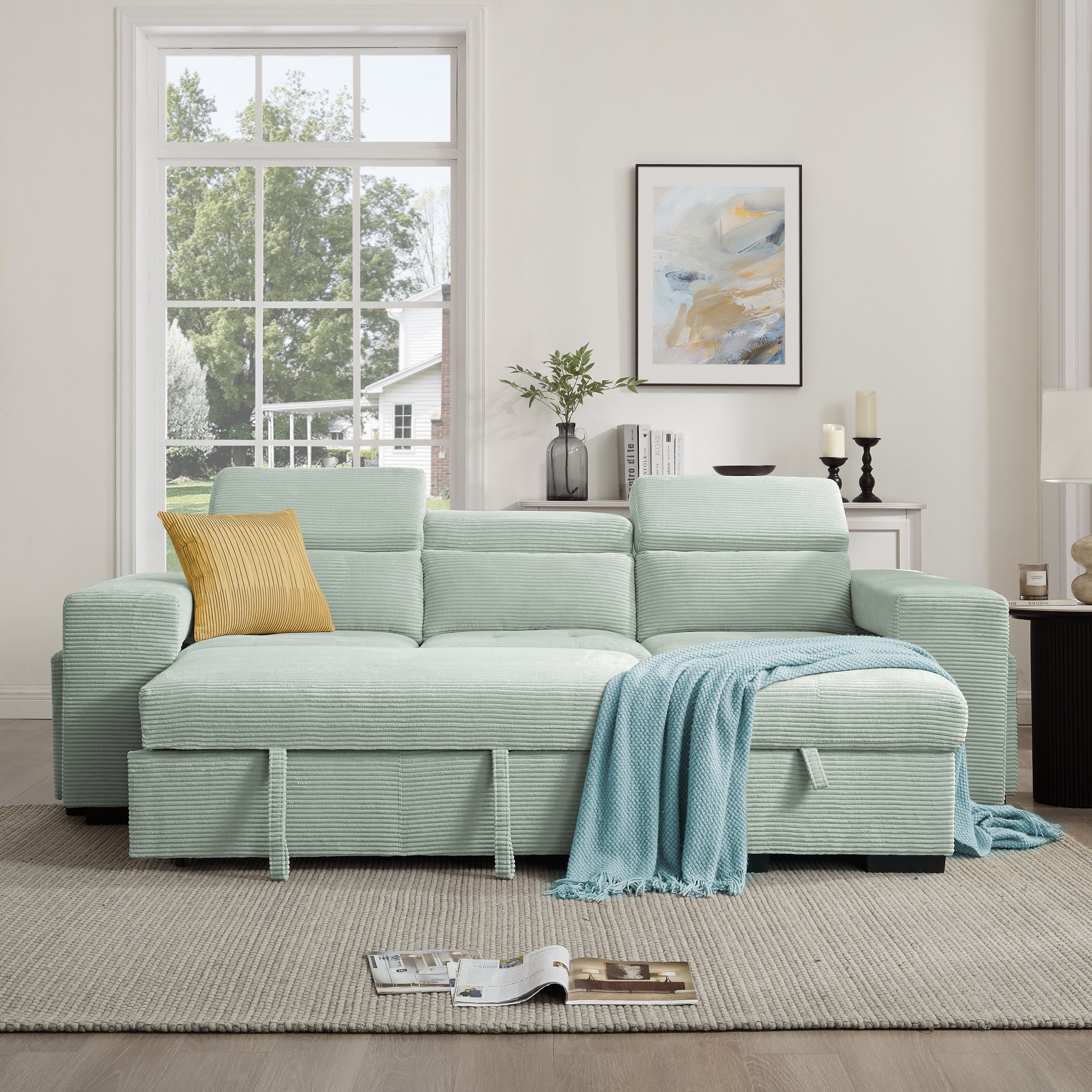 Caitlin Sofa With Chaise, Mint Green Jumbo Cord