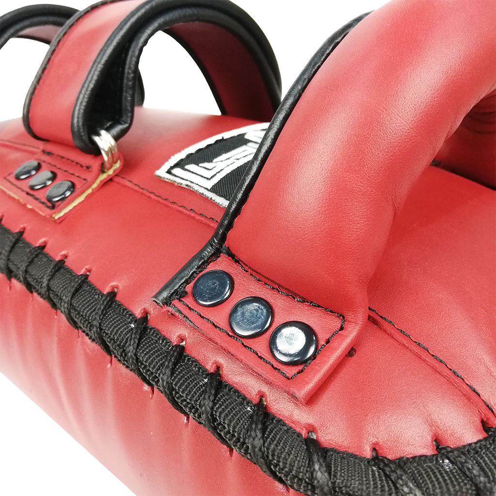 Muay Thai Curved Kicking Pads Ko Machine Gear Red Leather left