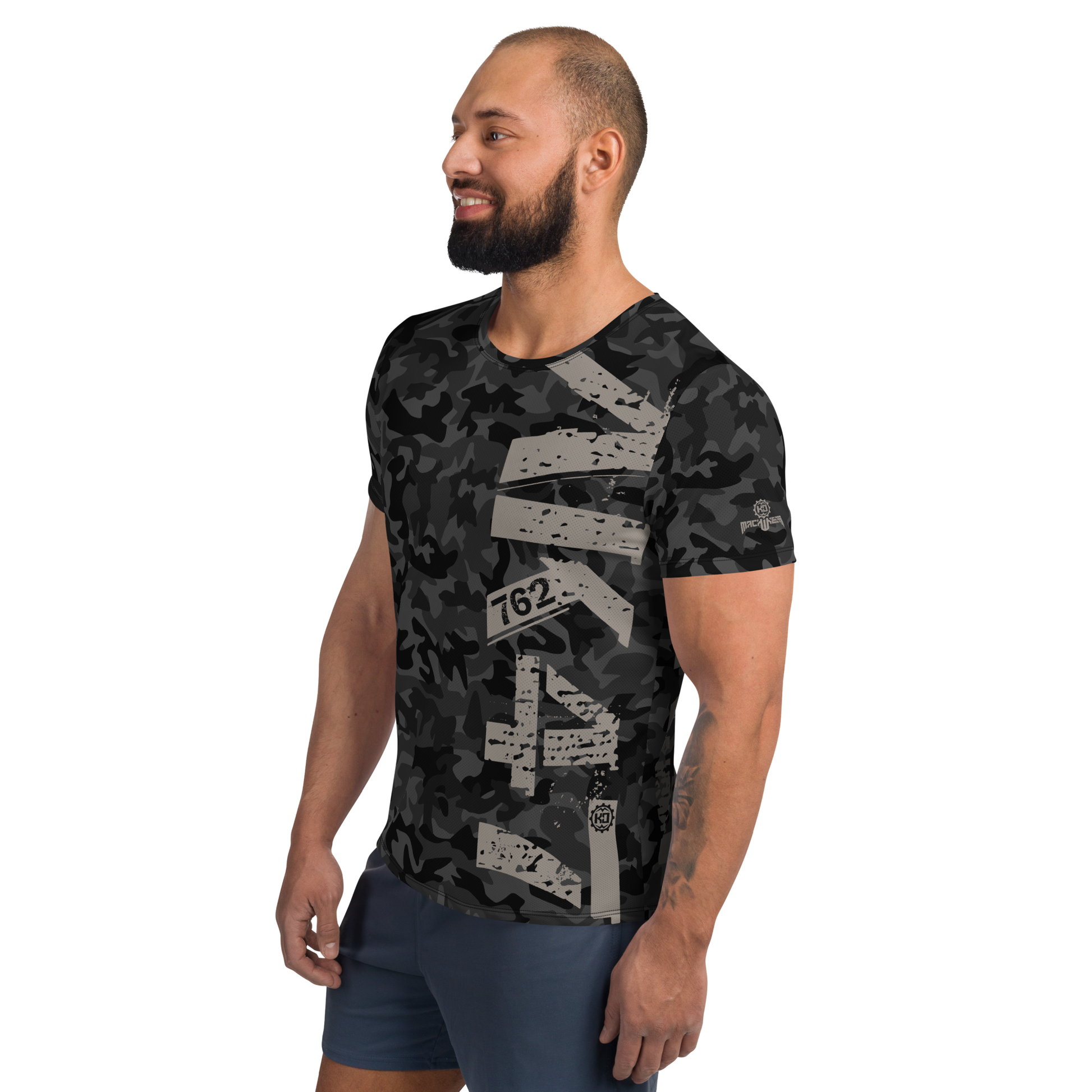 MMA Men's Sports T-Shirt Ko Machine Striker Camo Grey model left