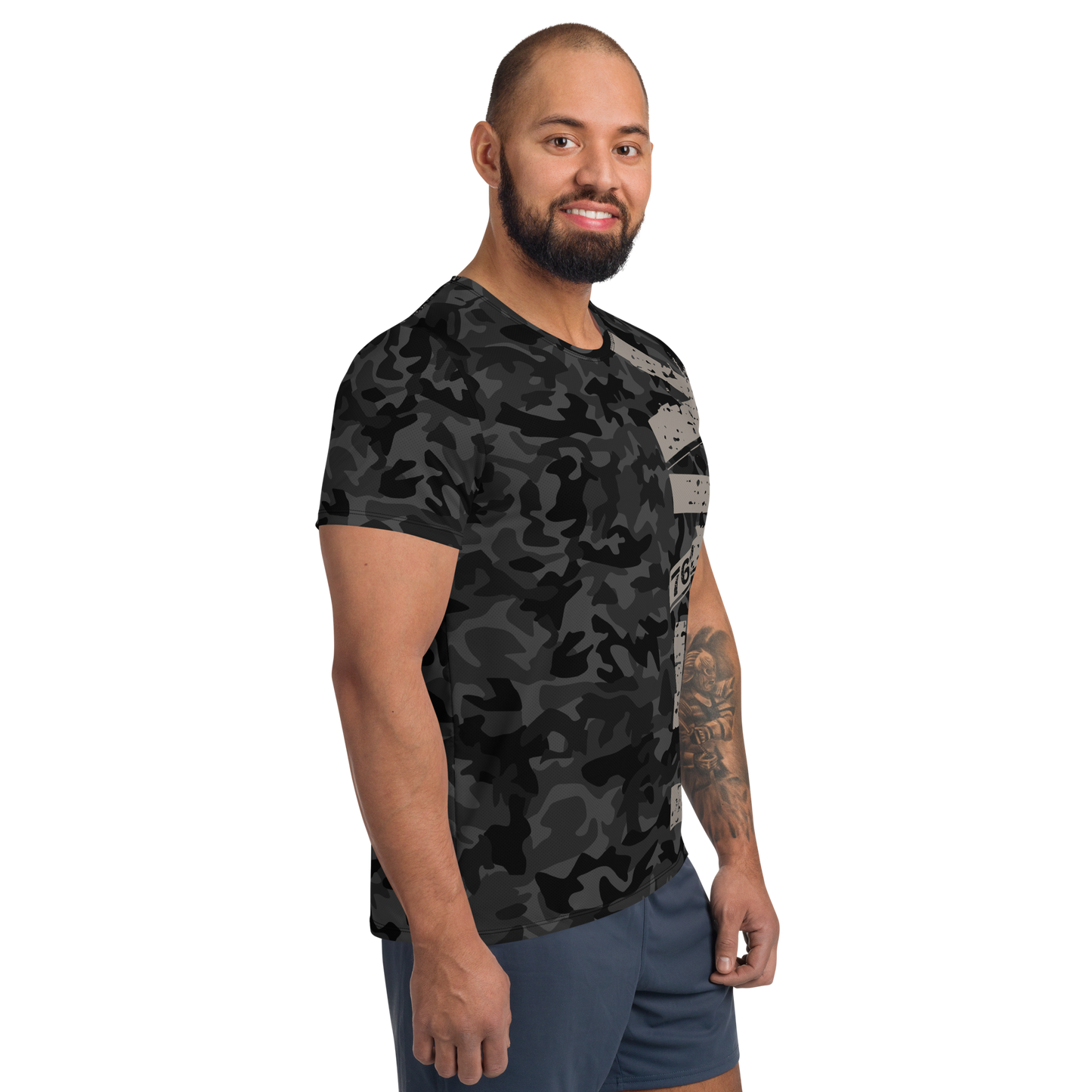 MMA Men's Sports T-Shirt Ko Machine Striker Camo Grey model right