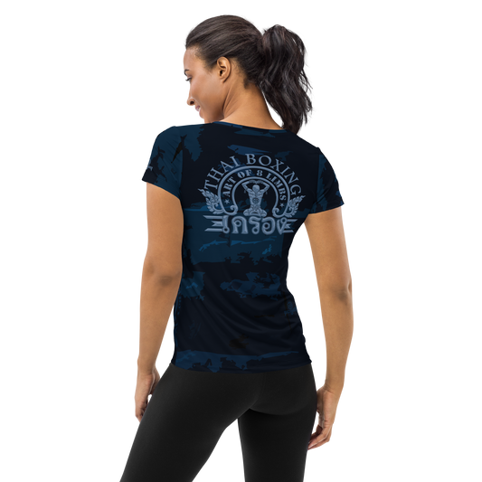 Muay Thai Women's Sports T-shirt Ko Machine Art of 8 Limbs blue back