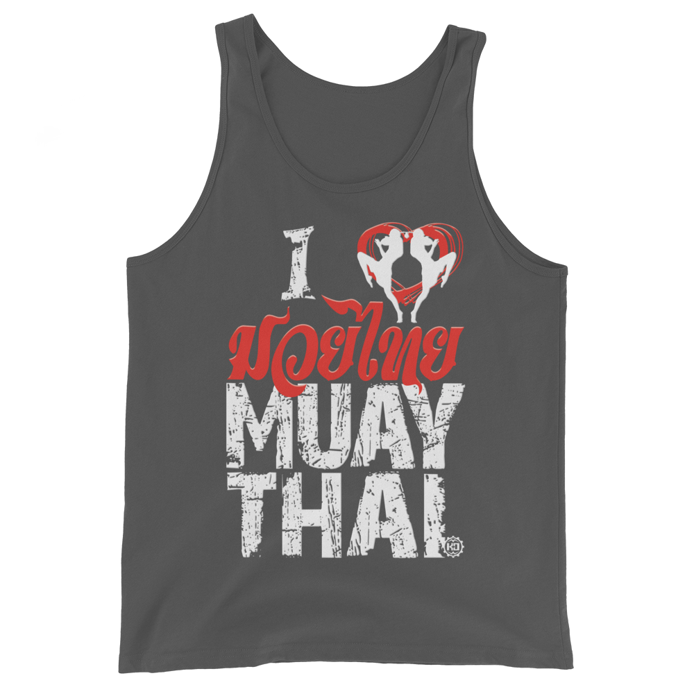 Men's Cotton Tank Top Ko Machine I Love Muay Thai grey front